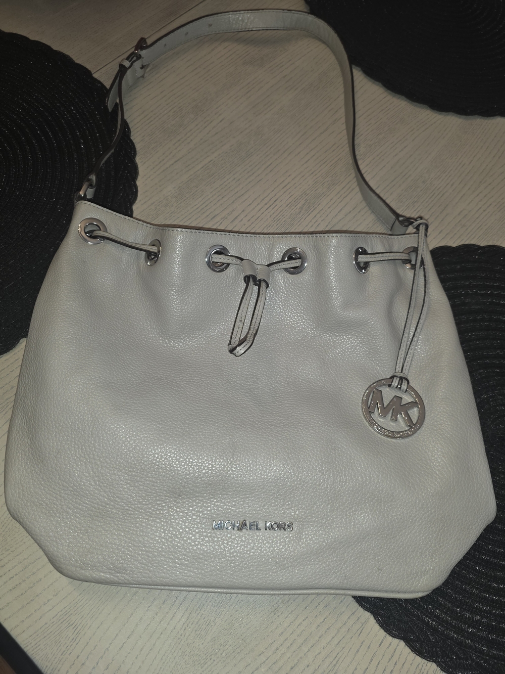 Michael Kors White Leather Drawstring Shoulder Bag